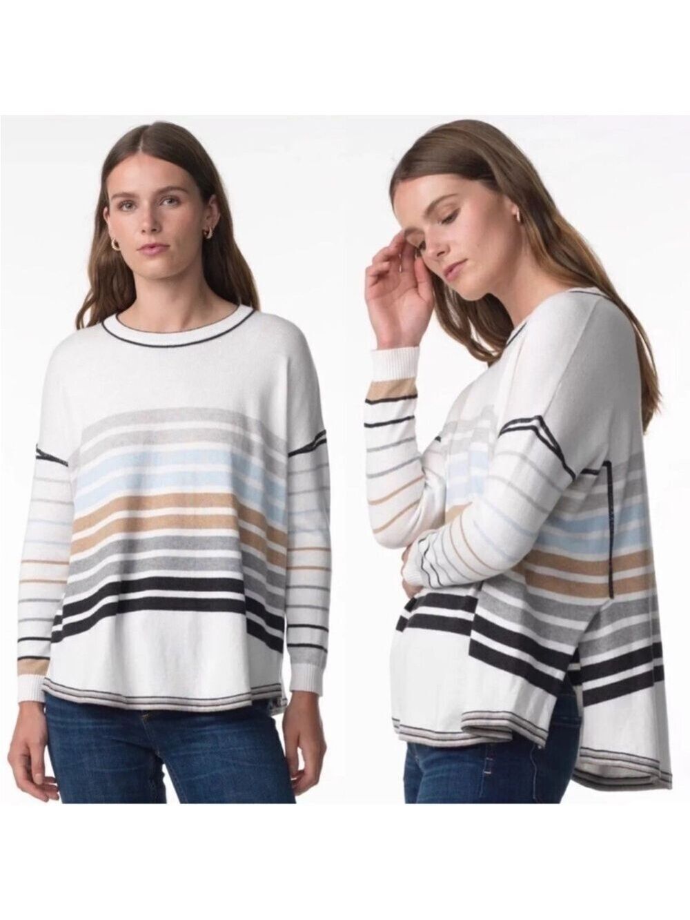 Zaket & Plover Striped Crew Neck Sweater Cashmere Cotton Boxy Lightweight Sz L